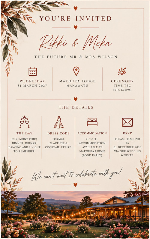 Rikki and Meka one-page wedding invitation